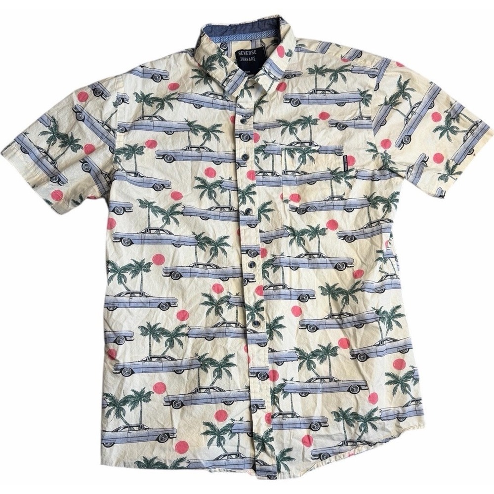 Reverse Threads Shirt Men's Medium Palm‎ Tree Car Print Button Up Casual Beach
